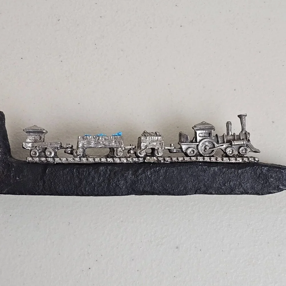 Vintage Railroad Spike Train Sculpture Pewter Mini Train Locomotive Ore Car Deco - Picture 2 of 6